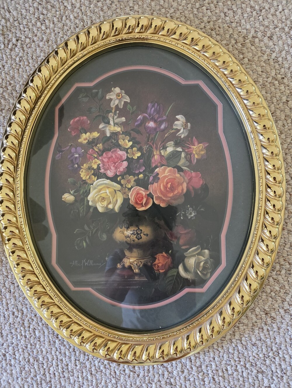 Ornate Gold Oval Framed Floral Art Print - Colorful Bouquet
